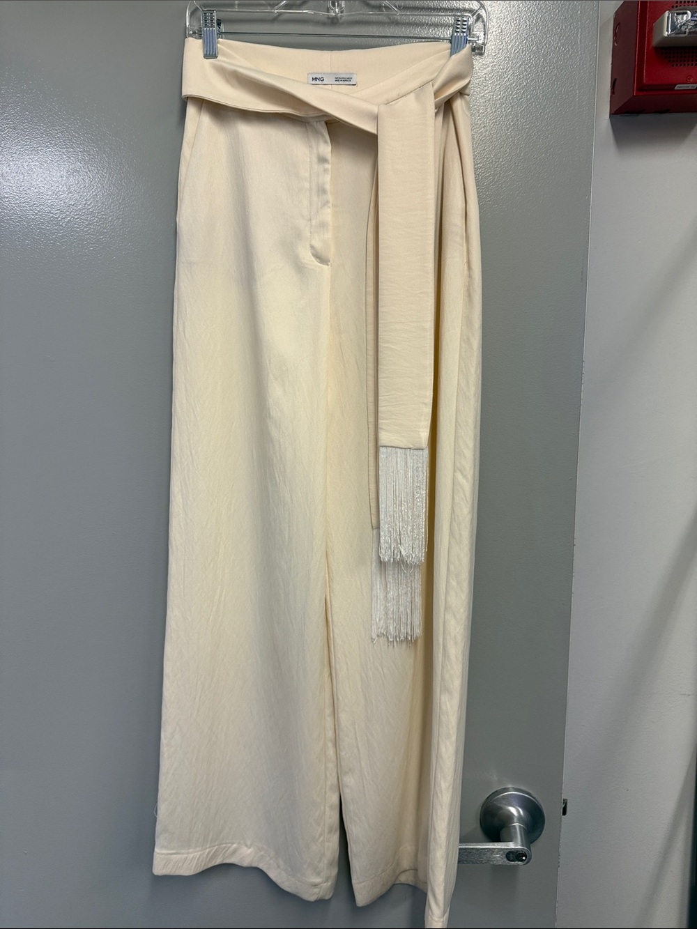 Mango Cream Wide-Leg Pants with Fringe Sash
